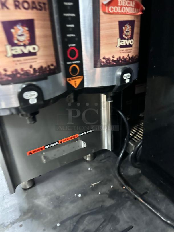 Bunn LCA-2 PC dual flavor coffee/tea dispenser in flawless condition, featuring Javo brand labels, 120V, fully tested.
