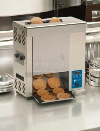 Roundup Commercial Conveyor Toaster with Butter Wheel, 208V, superior condition, fully tested, toasting buns on a counter.