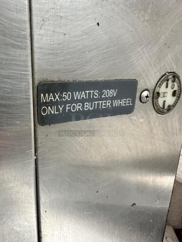 Roundup Conveyor Toaster with Butter Wheel, 208V. Stainless steel exterior, label: "MAX: 50 WATTS; 208V ONLY FOR BUTTER WHEEL."