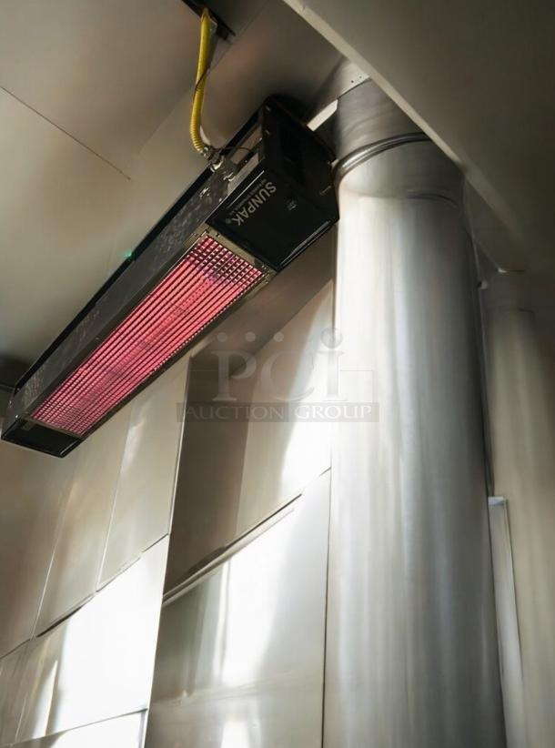Sunpak S34 B NG outdoor gas infrared patio heater in outstanding condition, fully tested and operational, mounted on ceiling.
