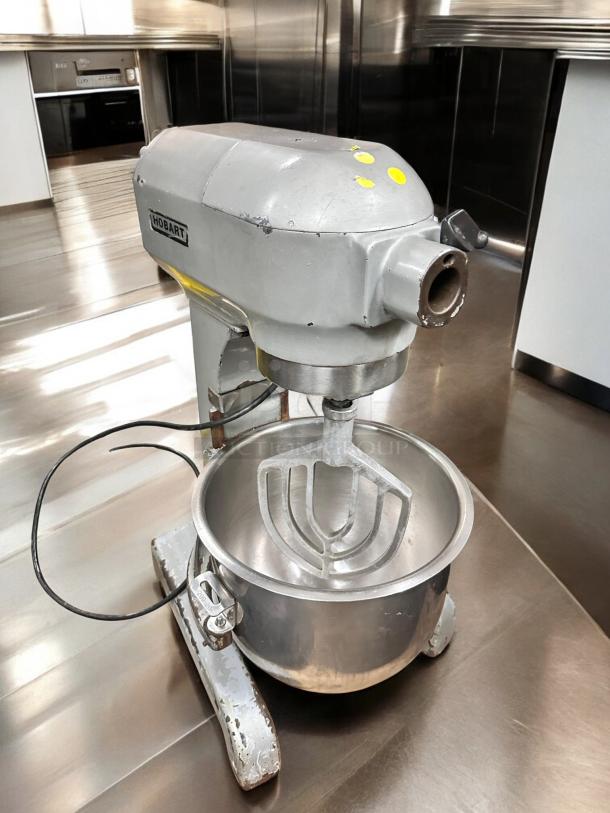 Outstanding condition Hobart Planetary Mixer, 115V, fully tested, bench model, metal finish, visible Hobart logo.
