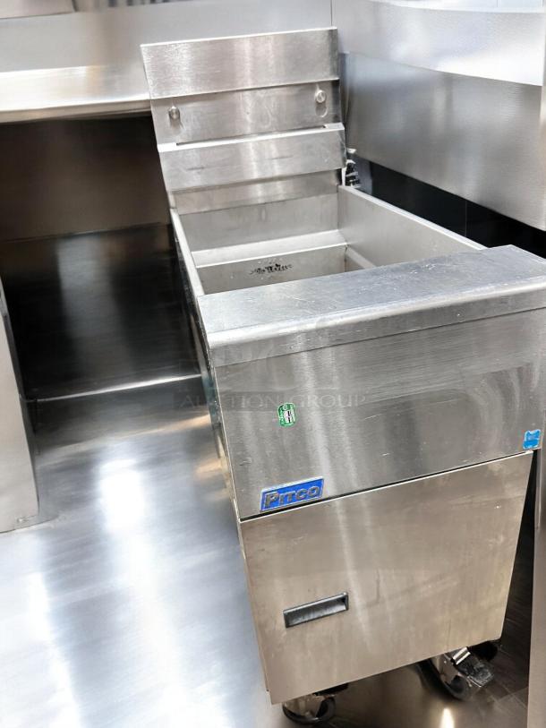 Pristine Pitco SG14S 40 lb gas fryer, natural gas, fully tested, stainless steel, branded logo visible, wheels attached.