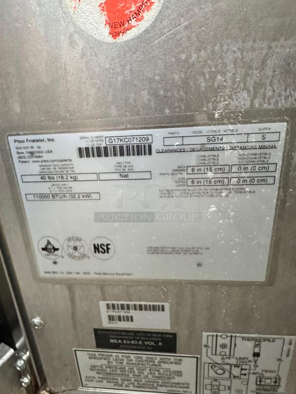Pristine Pitco SG14S gas fryer, 40 lb capacity, natural gas, fully tested. Labels show model, NSF certification, and specs.