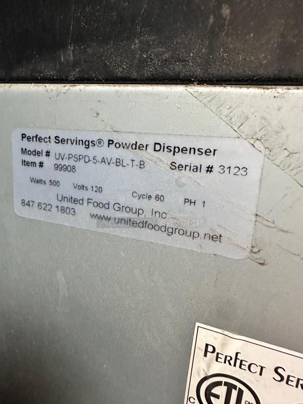 Perfect Servings Powder Dispenser, Model UV-PSPD-5-AV-BL-T-B, in superb condition. Label shows 120V, 500W, fully tested.