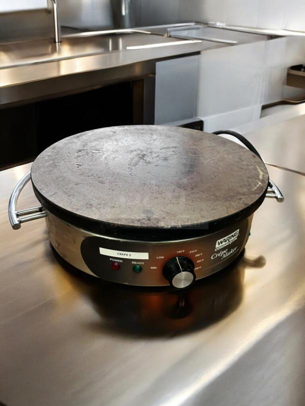 Waring Commercial WSC160 crepe maker, superb condition, 120V, fully tested, stainless steel, temperature control dial.
