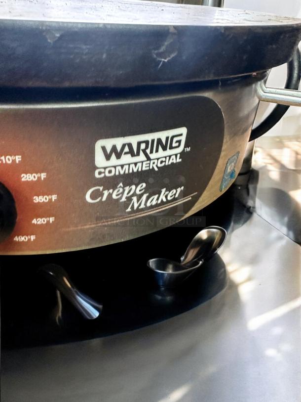 Waring Commercial WSC160 crepe maker, superb condition, 120V, features temperature settings and visible brand label.
