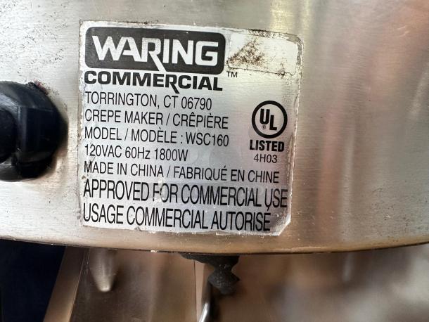 Waring Commercial WSC160 Crepe Maker label; superb condition, 120V, 1800W, UL listed, made in China, for commercial use.