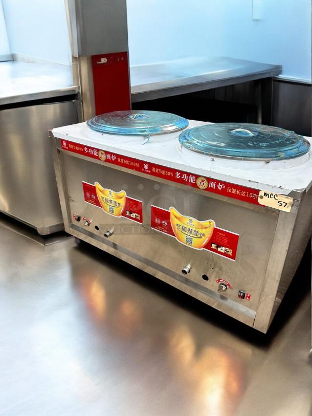 Commercial Dual-Basket Electric Noodle Boiler, 220V, in outstanding condition. Features control panel and dual lids. Fully tested.