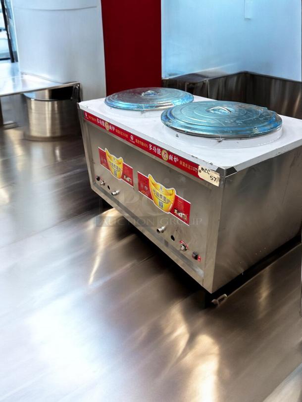Commercial Dual-Basket Noodle Boiler, 220V, outstanding condition, stainless steel, fully tested and working, model details visible.