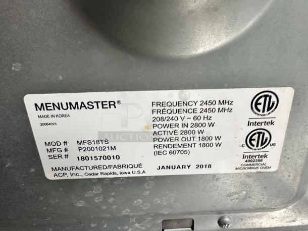 Label on Amana Menumaster MFS18TS commercial microwave indicating model, power specs, and ETL certifications.