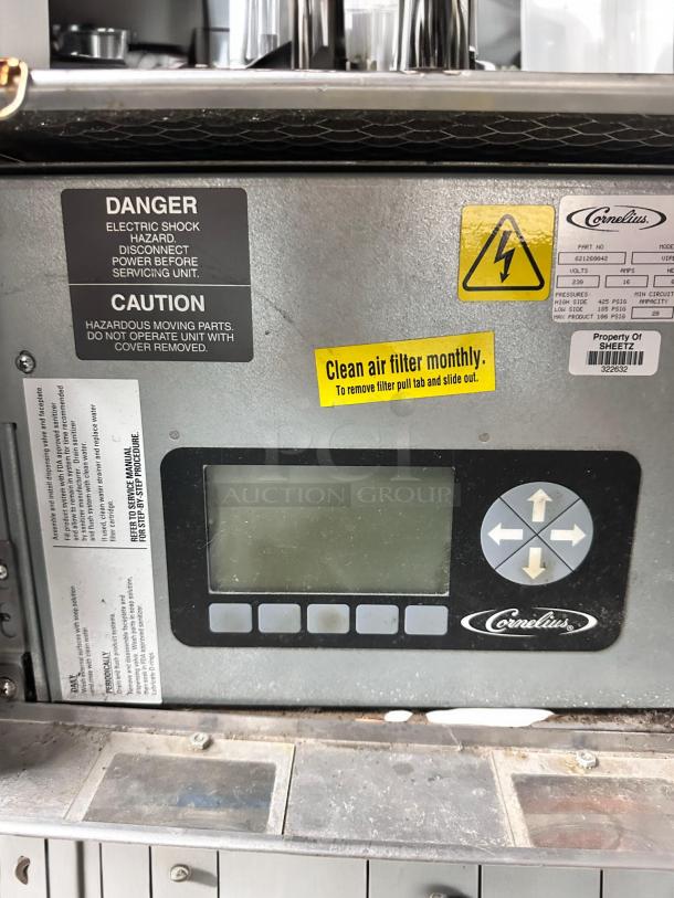 Cornelius Viper 2 dual barrel frozen beverage machine, outstanding condition, 230V, tested, control panel visible, caution labels.