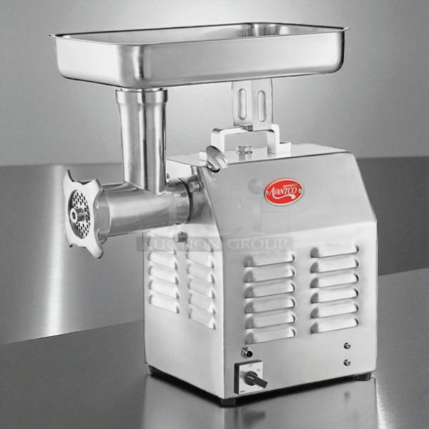 Avantco MG12R #12 Meat Grinder, 110V, 1 hp, stainless steel, reverse setting, tested and working, red Avantco label.