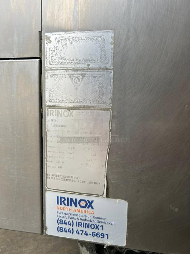 Irinox MF30.2 PLUS blast chiller, shock freezer, 208V, 60 Hz, 2 Phase. Tested, working. Tags show model and contact info.