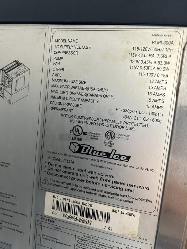 Blue Air BLMI-300A ice machine label showing model details, voltage, amps, and certifications. Made in Korea.