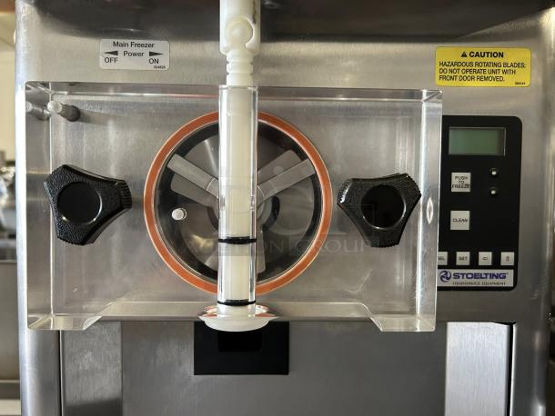 Stoelting F111-38I Soft-Serve Freezer, countertop, 1 flavor, 17 qt capacity, tested working, labels show controls and warnings.