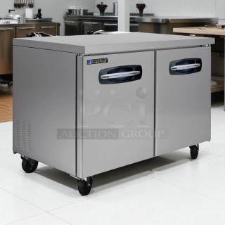 New Master-Bilt MBUR48 undercounter refrigerator, stainless steel, tested and working, with dual doors and casters.