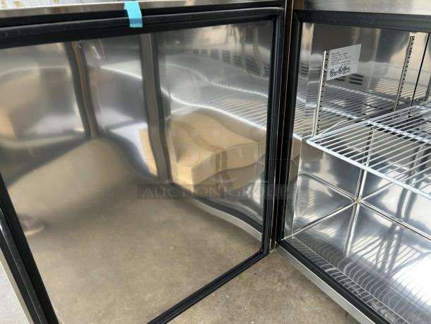New Master-Bilt MBUR48 undercounter refrigerator, pristine condition, stainless steel, visible shelving, tested, working.