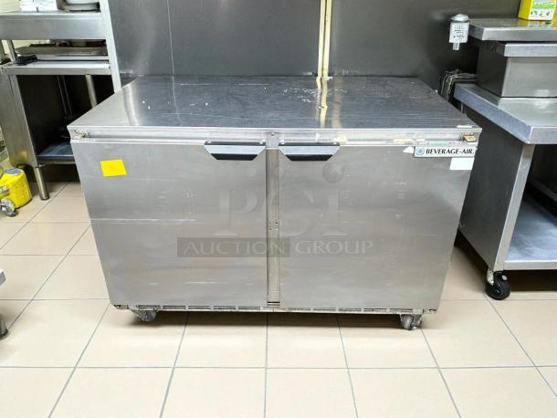 Beverage-Air UCR48AHC-23 48" undercounter refrigerator, stainless steel, tested, low profile, on wheels, visible logo.