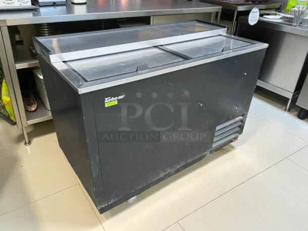 Turbo Air TBC-50SB-N6 black bottle cooler, 50", holds 432 bottles, excellent condition, tested, working, visible logo.