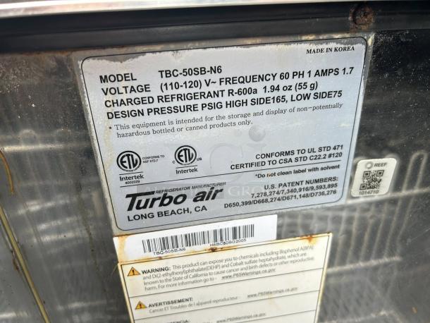Turbo Air TBC-50SB-N6 label, details voltage 115v, refrigerant R-600a, design pressure 165/75, UL and CSA certified.