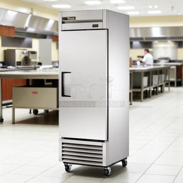 True T-23F-HC 27" reach-in freezer, one solid right hinge door, stainless steel, caster wheels, excellent condition.