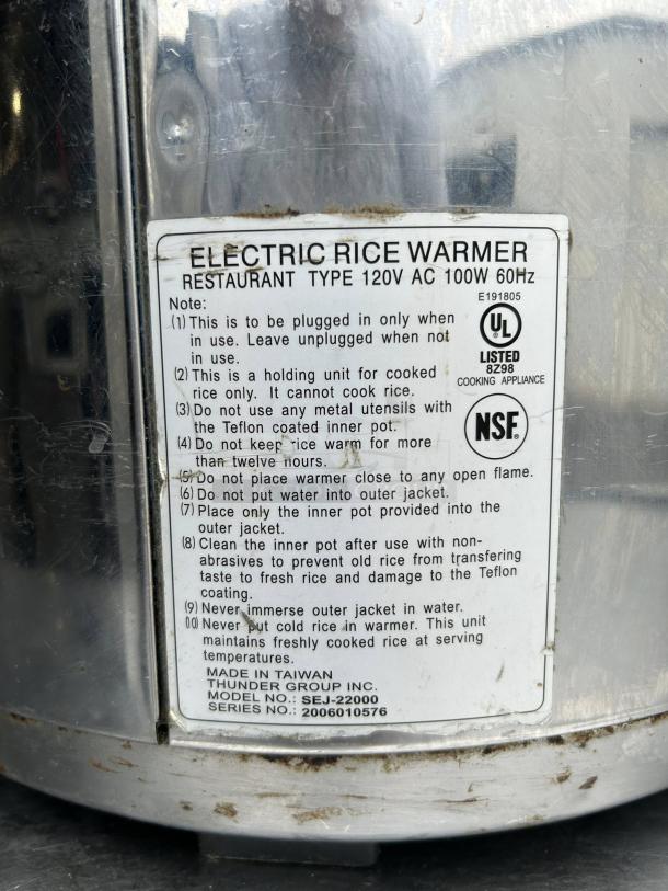 Alt text: Thunder Group SEJ22000 Electric Rice Warmer label, 50-cup capacity, stainless steel, 120v, UL listed, NSF certified.