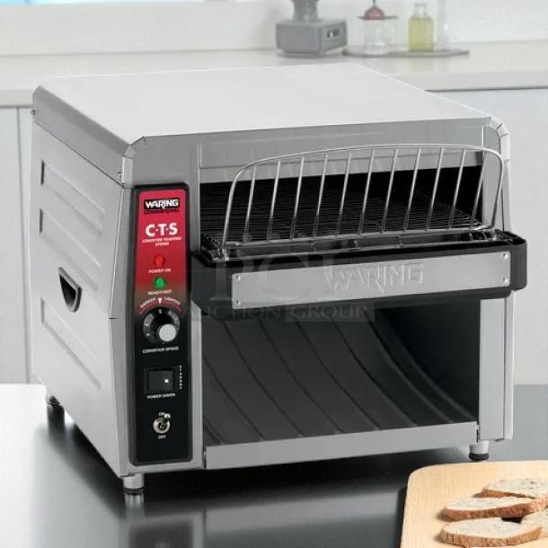 Waring CTS1000 commercial conveyor toaster, 120V, stainless steel, tested and working, with control panel visible.