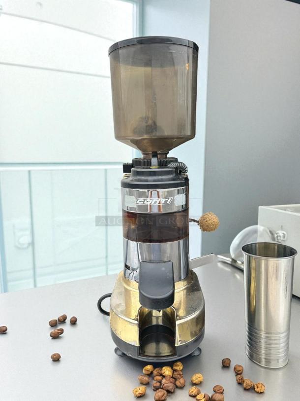 Gino Rossi RR45 commercial coffee grinder, fully automatic, tested working, stainless steel, visible coffee beans, used.