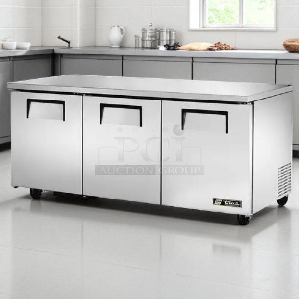 True TUC-72-HC undercounter refrigerator, 72" wide, three sections, three doors, excellent condition, 115v.