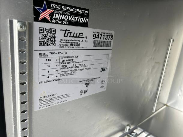 True TUC-72-HC undercounter refrigerator label, 115v, made in USA, excellent condition, features 3 sections and doors.