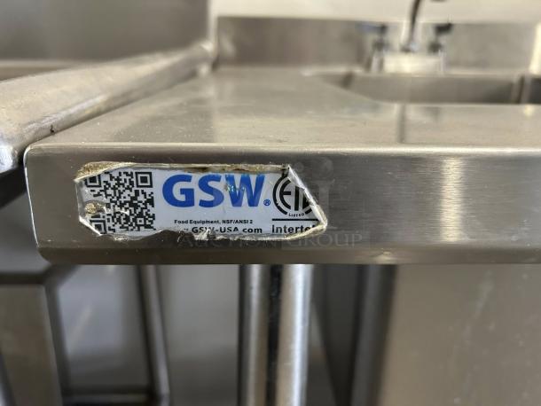 GSW stainless steel sink and worktable, 20"x16" basin, great condition. Label shows NSF/ANSI 2 compliance.