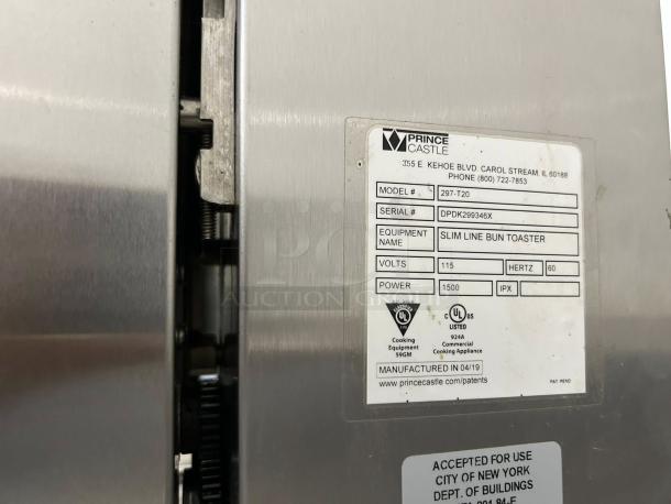 Prince Castle 297-T20 Slim-Line Vertical Toaster, excellent condition, tested working, 1200 buns/hour, 115V, 1500W. Model and safety labels visible.
