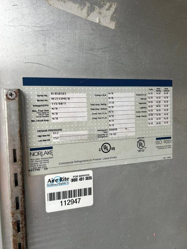Norlake NF211SMS/0 Stainless Steel Freezer, excellent condition, tested and working, model and serial number visible.