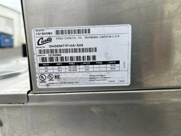 Curtis G4GEMT10A1525 coffee brewer label displaying model, serial number, voltage, and certifications, excellent condition.
