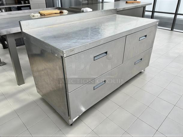 Delfield STD4464NP 64" 4-drawer refrigerated sandwich prep table with 4" backsplash, stainless steel, tested and working.