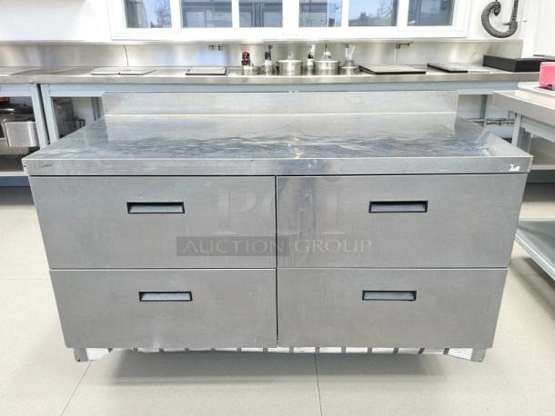 Delfield STD4464NP-8 64" refrigerated sandwich prep table with 4 drawers, 4" backsplash, stainless steel finish, tested working.