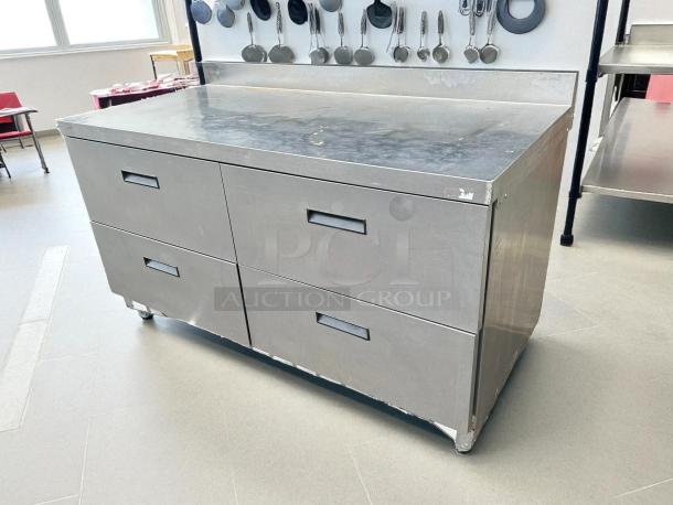 Delfield STD4464NP-8 64" 4-drawer refrigerated sandwich prep table with 4" backsplash, stainless steel, tested and working.