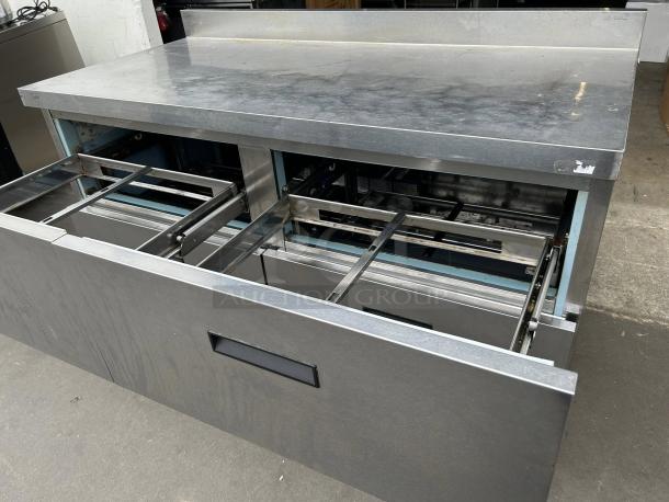 Delfield STD4464NP-8 64" 4 drawer refrigerated sandwich prep table with 4" backsplash, tested and working.