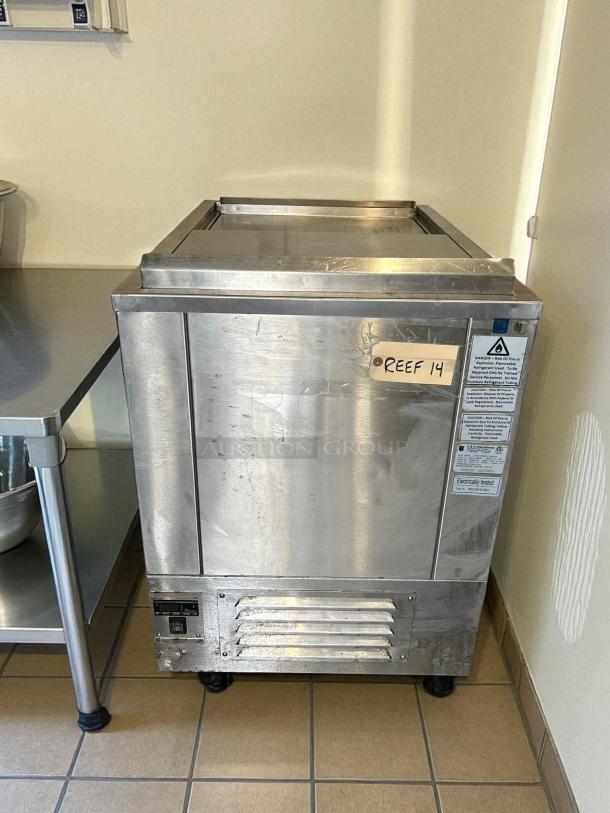 H&K 34" Meat Freezer, Propane Model 52473-1, tested, stainless steel finish, visible label "REEF 14", electrical warnings shown.