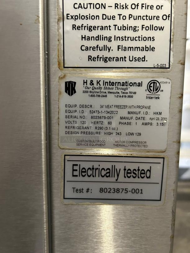 H&K 34" meat freezer with propane, Model 52473-1. Tested, working, electrically tested. Caution label on panel.