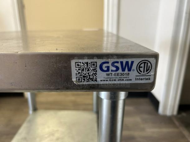 GSW 30"x18" stainless steel worktop table, model WT-EE3018, great condition, with ETL and Intertek labels visible.