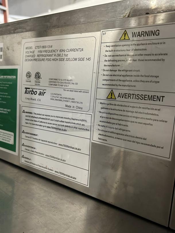 Turbo Air CTST-1800-13-N 71" Refrigerated Countertop Prep Rail, like new condition, tested and working, 115V, R-290 refrigerant.