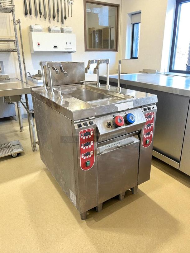 Rosito Bisani CPG1 12 Gallon Pasta Cooker with dual burners, stainless steel, tested and working, in commercial kitchen setting.