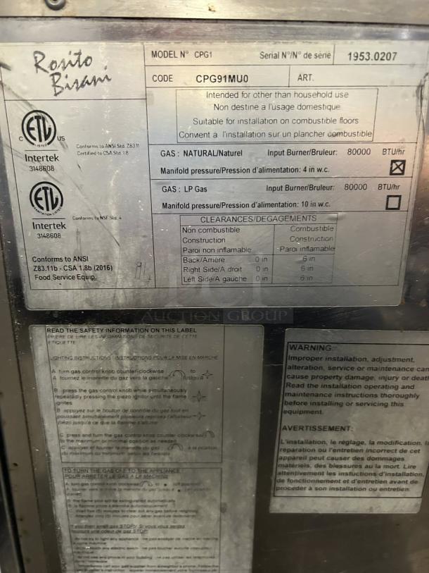 Rosito Bisani CPG1 gas pasta cooker label showing model, serial number, and gas specifications.