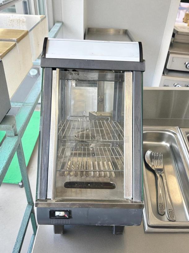 Winco HDM-13 heated display case, 13.5", 3 shelves, countertop model, tested, working, 120v, ideal for self-service.