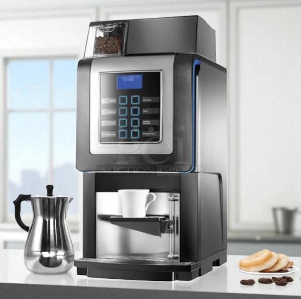 Necta Kometa automatic espresso machine, 120V, tested and working, in excellent condition. Features digital interface, coffee bean hopper, and cup platform.