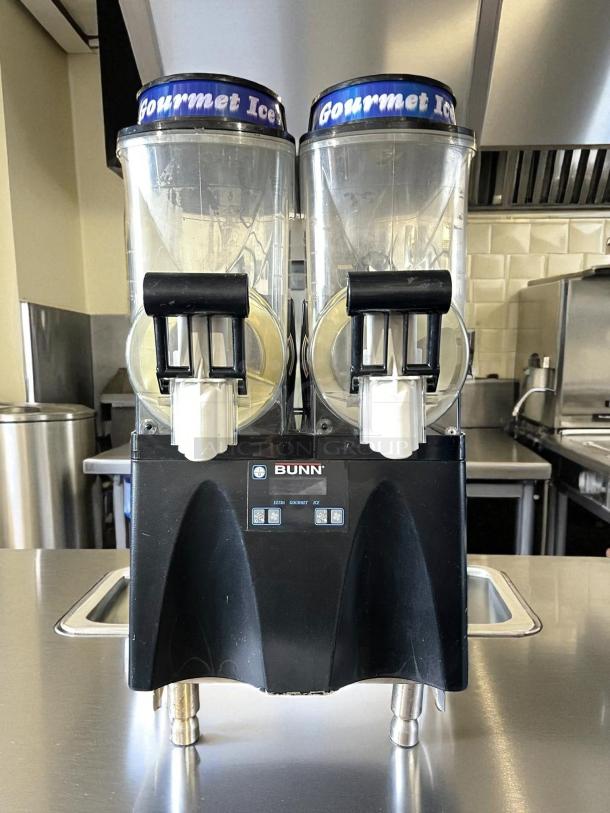 Bunn Ultra-N 2 Hopper Frozen Drink Machine, black, tested, working, dual labeled "Gourmet Ice," model 58000.0010.