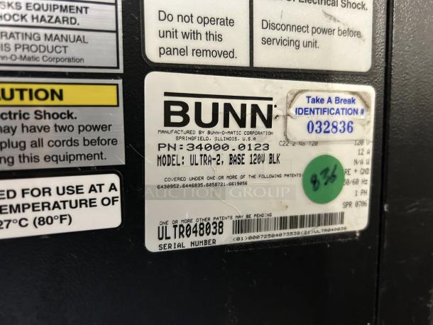Bunn 58000.0010 Ultra-N black frozen drink machine label, model Ultra-2, base 120V. Serial number ULTR048038.