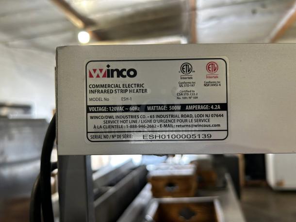 Winco ESH-1 14-Inch Strip Heater, excellent condition, electric, 500W, 120VAC, with adjustable stand. Serial: ESH0100005139.