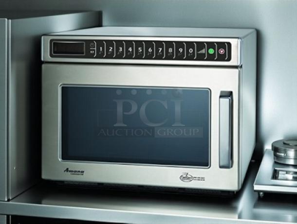 Amana HDC182 1800w commercial stainless steel microwave oven, 0.6 cu.ft, high volume, excellent condition, visible keypad.